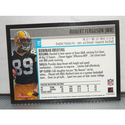 2001 Topps Bowman Gold ROBERT FERGUSON (Packers) blue parallel Rookie Card #179