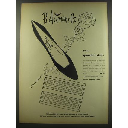 1956 B. Altman & Co. Bally of Switzerland Carmen Pump Shoes Advertisement