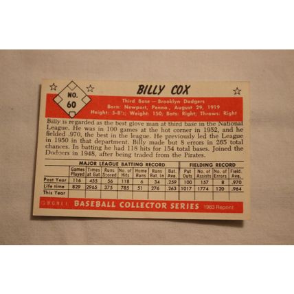 Billy Cox 1983 Card Collectors 1953 BOWMAN BLACK & WHITE REPRINT NO.60