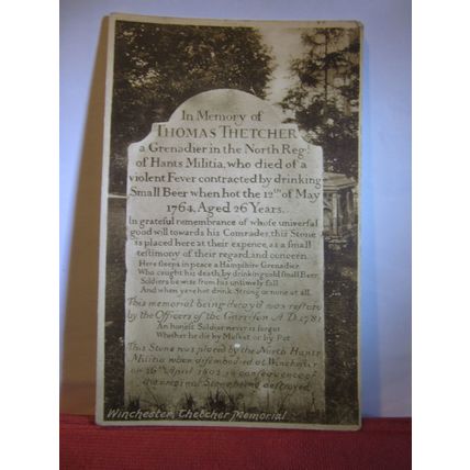 THETCHER MEMORIAL, WINCHESTER, HAMPSHIRE used antique postcard V M Cusworth =