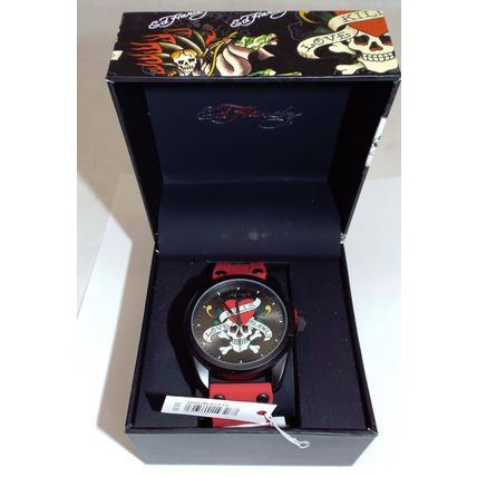 New Mens Ed Hardy Men's Skull Red Silicone Strap Watch 46mm Boat Dive MSRP$95