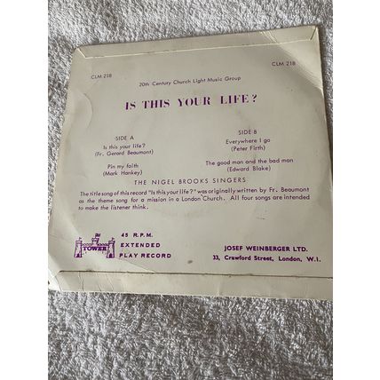 45 rpm 7” Vinyl IS THIS YOUR LIFE? 20th Century Church Light Music Group
