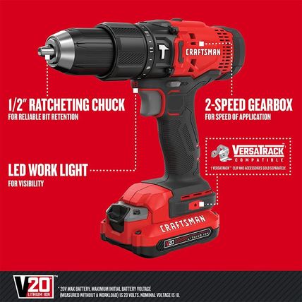 CRAFTSMAN V20 Cordless Hammer Drill Kit, 1/2 Inch, 2 Batteries and Charger Inclu