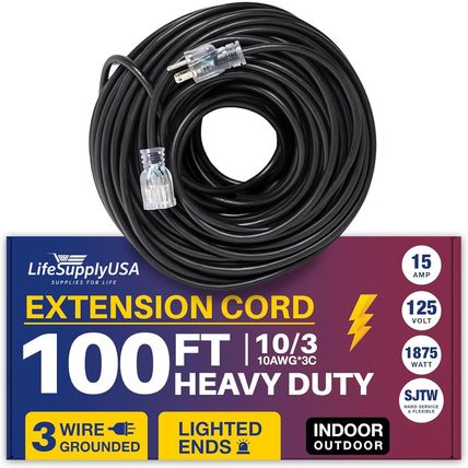 100Ft Outdoor/Indoor Extension Cord 10/3 Gauge Ultra Heavy Duty 3 Prong SJTW, Wa