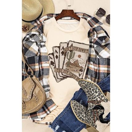 Khaki Western Poker Cards Graphic Print Short Sleeve T Shirt