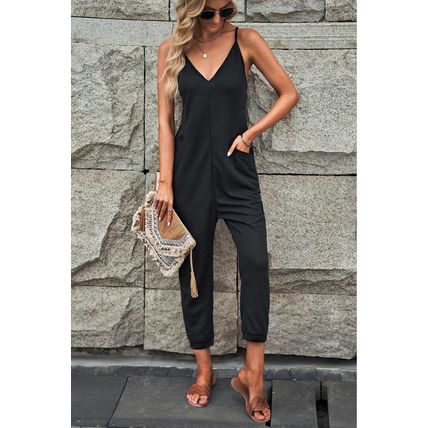 Black Textured Sleeveless V-Neck Pocketed Casual Jumpsuit