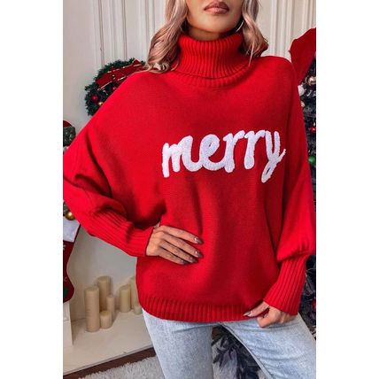 Red Merry Letter Embroidered High Neck Sweater