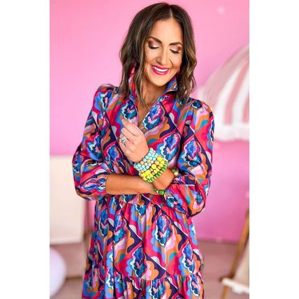 Abstract Geometric Print Long Sleeve High Waist Dress