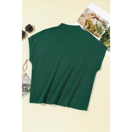 Blackish Green Patch Pocket Ribbed Knit Short Sleeve Sweater