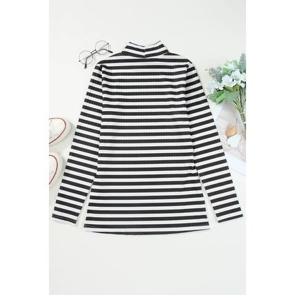 Black Striped Print Textured Knit Long Sleeve Tee