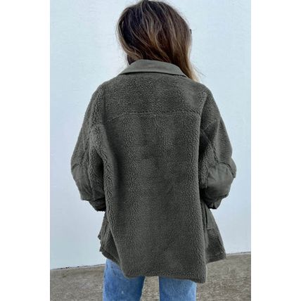 Gray Corduroy Trim Elbow Patch Sherpa Jacket