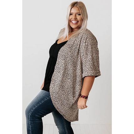 Khaki Plus Size Leopard Print Half Sleeve Open Front Cardigan