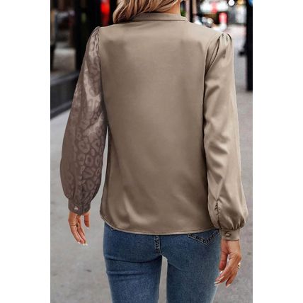 Light French Beige Contrast Half Leopard Jacquard Satin Blouse