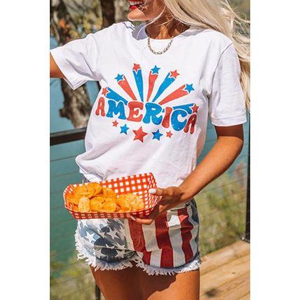 White AMERICA Star Graphic Round Neck Tee