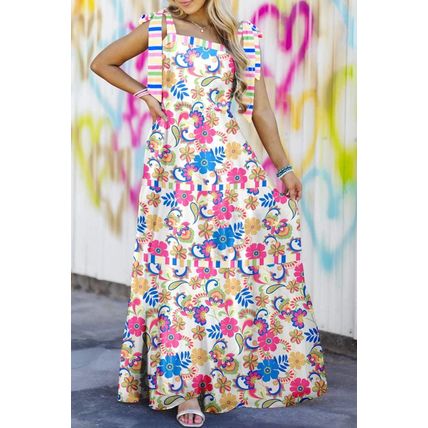 Rose Red Striped Trim Self-tie Straps Floral Maxi Dress