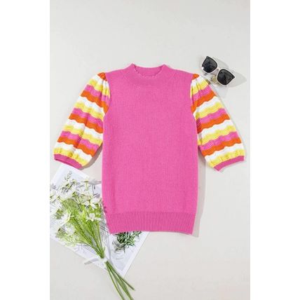 Pink Ribbed Knit Contrast Sleeve Sweater Top