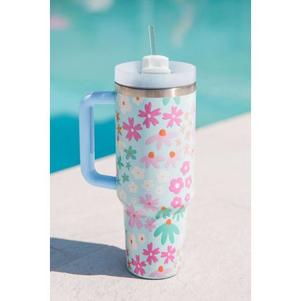 Beau Blue Cute Flower Pattern Handled Cup with Straw 40oz
