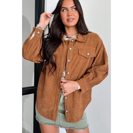 Cinnamon Corduroy Flap Pocket Button Up Round Hem Shacket