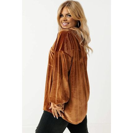 Chestnut Plus Size Velvet Chest Pocket Drop Shoulder Shirt