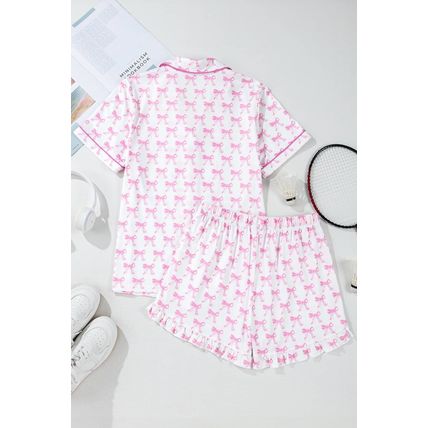 Pink Bowknot Printed Short Sleeve and Ruffled Shorts Valentines Pajama Set