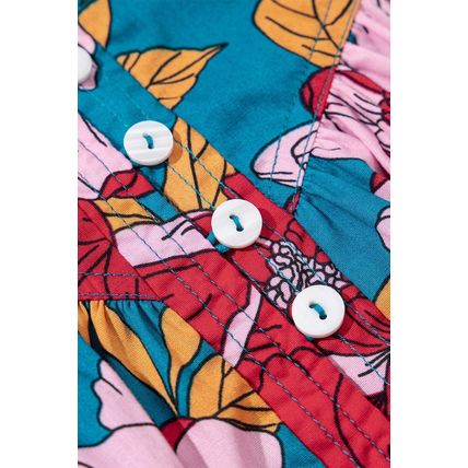 Red Floral Printed Balloon Sleeve Half Buttons Blouse