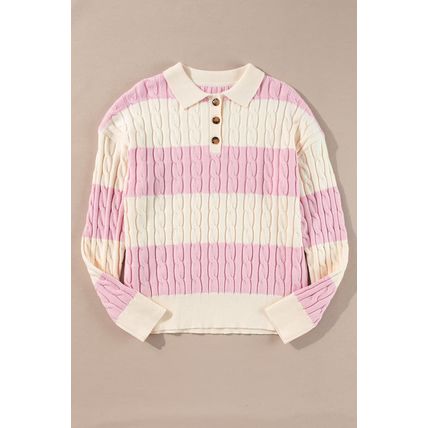 Pink Stripe Cable Knit Collared Henley Sweater