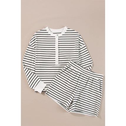 Black white Stripes Printed Half Button Long Sleeve Top and Shorts Set