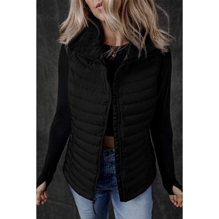 Black Plush Collared Quilted Zipped Puffer Vest