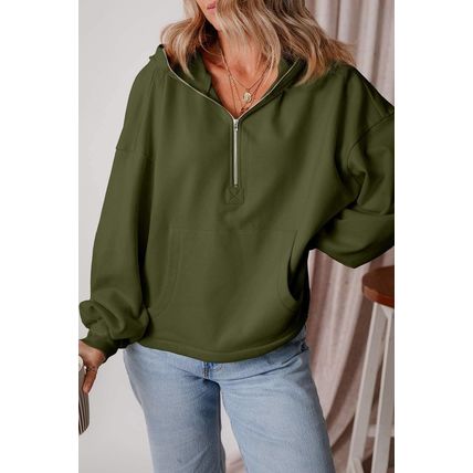 Moss Green Fleece Lined Half Zipper Kangaroo Pockets Loose Hoodie