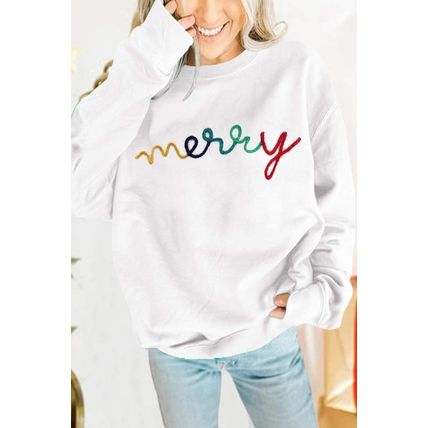 White MERRY Graphic Pullover Sweatshirt
