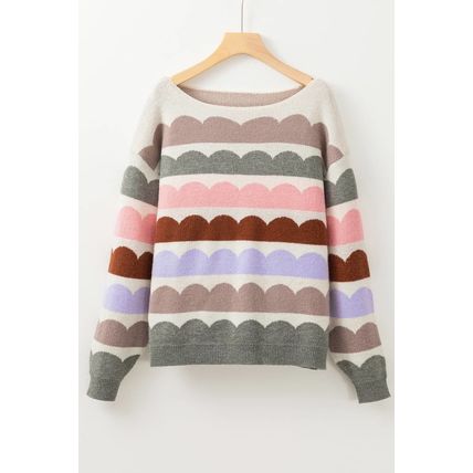 Gray Wave Striped Balloon Sleeve Drop Shoulder Sweater