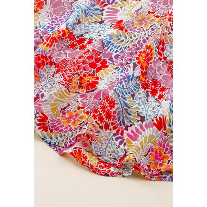 Fiery Red White Floral Print V Neck Long Puff Sleeve Top