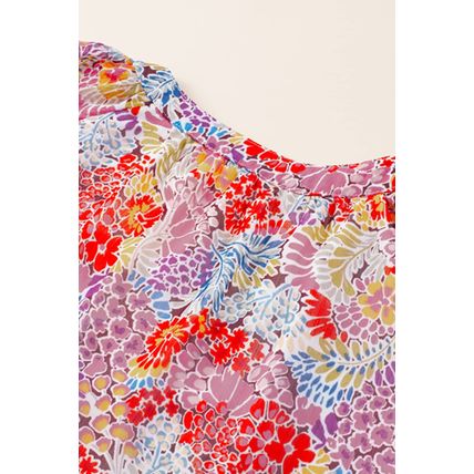 Fiery Red White Floral Print V Neck Long Puff Sleeve Top