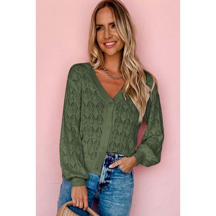 Green Lightweight Buttoned Front Crochet Cardigan