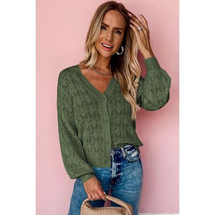 Green Lightweight Buttoned Front Crochet Cardigan