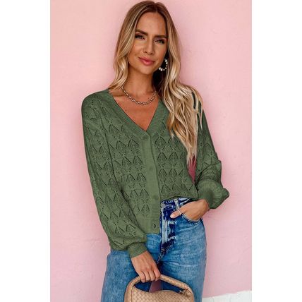 Green Lightweight Buttoned Front Crochet Cardigan