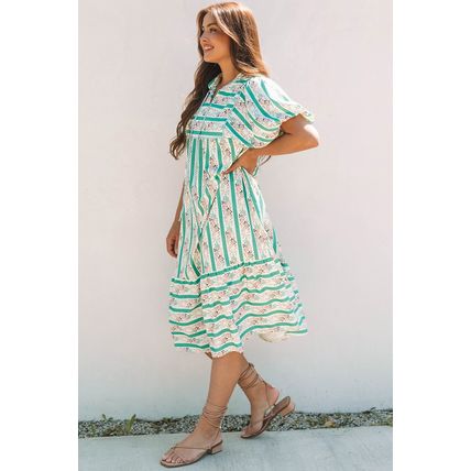 Multicolour Striped Floral Print Tie Split Neck Puff Sleeve Midi Dress