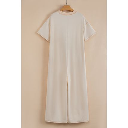 Beige Half Placket Chest Pockets Short Sleeve Wide Leg Jumpsuit