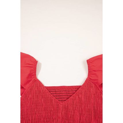 Fiery Red V Neck Flutter Sleeve Smocked Bodice High Waist Ruffle Maxi Dress