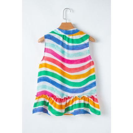 Rose Red Rainbow Stripes Ruffled Hem Drawstring V Neck Tank Top