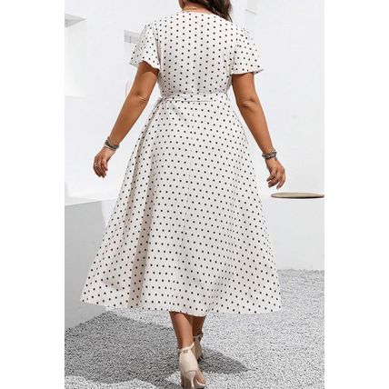 Khaki Polka Dot Surplice V Neck Tied Waist Flutter Sleeve Flowy Plus Size Midi D