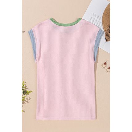 Pink MAMA Bow Graphic Contrast Trim Cap Sleeve 3D Rib T Shirt