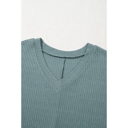 Moonlight Jade Oversized Ribbed Knit V Neck Dolman Short Sleeve Top