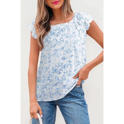 Sky Blue Floral Ruffled Short Sleeve Bow Back Square Neck Blouse