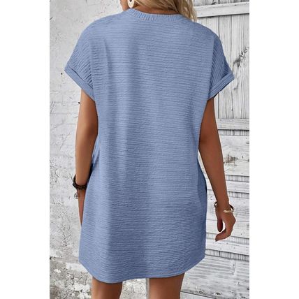 Myosotis Solid Color Textured Crinkle Short Sleeve T Shirt Dress