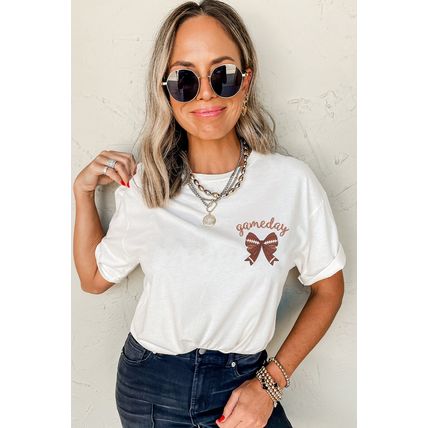 White Game Day Bowknot Embroidered Graphic Casual Tee