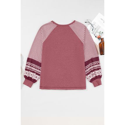 Mineral Red Contrast Print Striped Raglan Long Sleeve Loose Top
