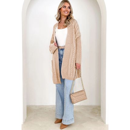 Parchment Oversize Chunky Cable Knit Open Front Midi-length Cardigan