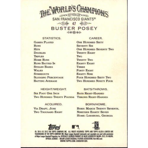 2012 Topps Allen & Ginters Buster Posey