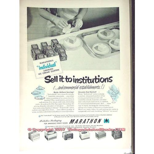 MARATHON CORP 1951 ice cream cartons individual packaging vintage ad